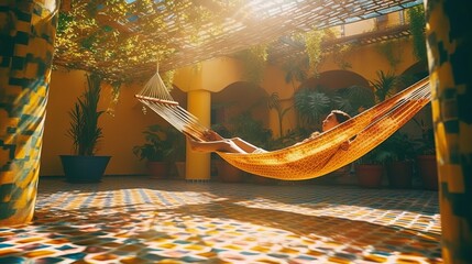 Fototapeta premium model woman in colorful mexican architecture, lying in a hammock enjoying the sun rays
