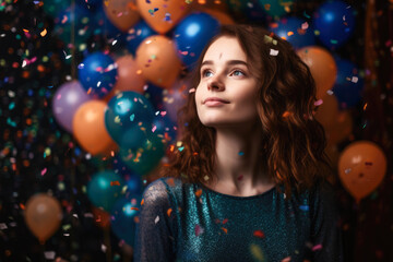 Beautiful young woman with air balloons and falling confetti against dark background. generative AI