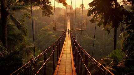adventure tourism crossing a cable-stayed bridge surrounded by nature and vegetation - obrazy, fototapety, plakaty