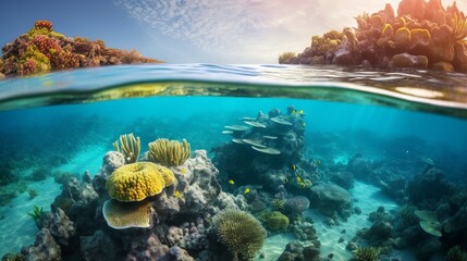 underwater photography of some reefs with the sun above, view of underwater nature