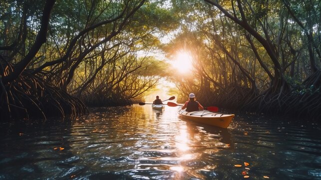 people in kayak navigating a calm river doing adventure tourism and experiences, enjoying the mangroves and nature