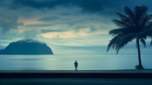 lonely man with a beautiful landscape enjoying the view of the sea, on the rocks a cloudy sky about to get dark