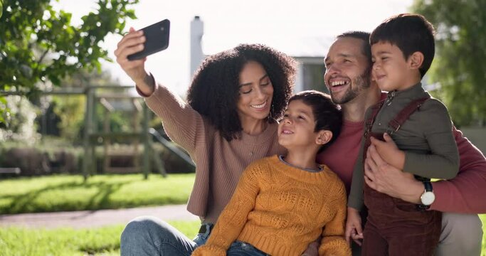 Love, Happy Family Taking A Selfie And On Lawn Of Their Home Together With A Smile. Support Or Care For Relationship, Happiness Or Positivity And People With Smartphone Pose In Backyard For Peace