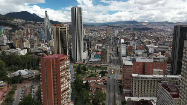 Aerial view of the financial headquarters with one of the tallest buildings in the Colombian capital. Bogota. Colombia.