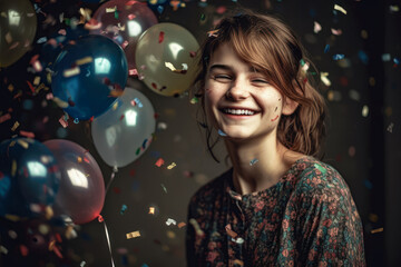 Fototapeta premium smiling girl with air balloons and falling confetti against dark background. generative AI