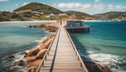 Naklejka premium Tranquil scene of a beautiful seascape with a wooden jetty generated by AI