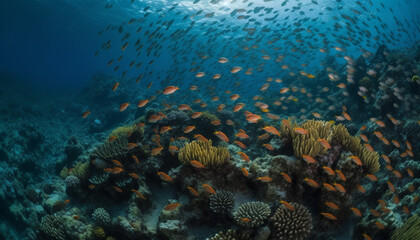 Naklejka na ściany i meble Multi colored school of fish swim below beautiful coral reef generated by AI