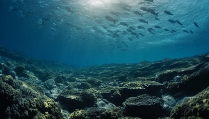 Fototapeta na wymiar Deep below, a tranquil seascape reveals colorful sea life generated by AI