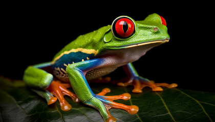 Fototapeta premium Red eyed tree frog sitting on a leaf in tropical rainforest generated by AI