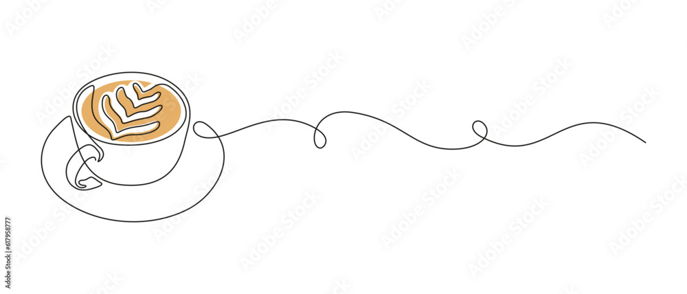 Aufkleber One continuous line drawing of cup coffee with latte art. Minimalist silhouette concept breakfast for cafe menu and web banner in simple linear style. Editable stroke. Doodle Vector illustration