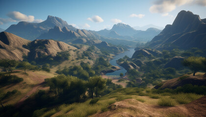 Tranquil meadow, majestic mountain peak, and serene blue sky generated by AI