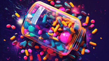 Fototapeta na wymiar Medicine bottle spilling colorful pills depicting addiction risks, AI Generated