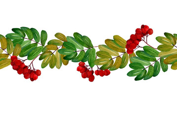 Watercolor hand draw of rowan leaves and red berry in ornamental border. Isolated horizontal frame with autumn rowan. Design for letters, card, covers. Template for thanksgiving day background.