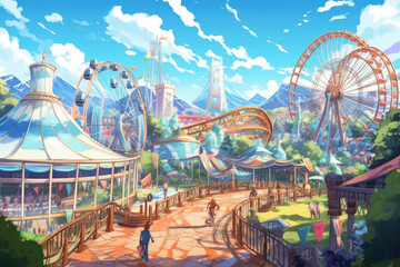 theme amusement park with roller coasters anime style background