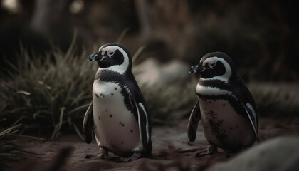Obraz premium Penguin colony waddling on grass, standing fat and cute generated by AI
