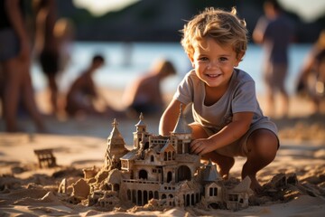 todler building a sand castle on the beach, family vacation. Generative AI