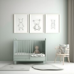 minimalistic nursey room with three frames 20x30 inch size on the wall 