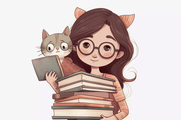 National Book Lovers Day cartoon of a cat loving girl carrying a pile of books generative AI illustration