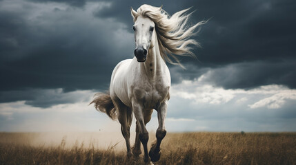 Obraz na płótnie Canvas A White Horse Galloping in an Open Field, Its Mane Flowing in the Wind, Storm Clouds Brewing in the Background with Moody and Dramatic Lighting - Generative AI