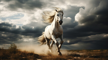 A Wild White Horse Galloping in an Open Field, Its Mane Flowing in the Wind, Storm Clouds Brewing in the Background with Moody and Dramatic Lighting - Generative AI
