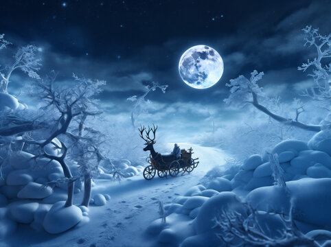 santa reindeer claus night december claus gift winter holiday christmas sleigh. Generative AI.