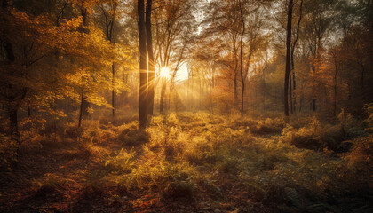 Vibrant autumn foliage illuminates tranquil forest meadow at sunrise generated by AI