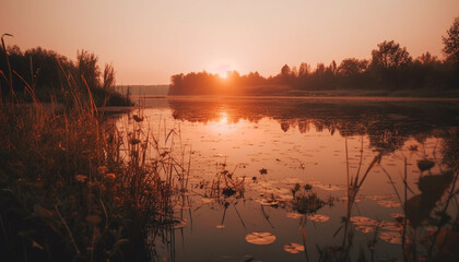 Naklejka premium Tranquil sunset over rural pond, reflecting beauty in nature landscape generated by AI