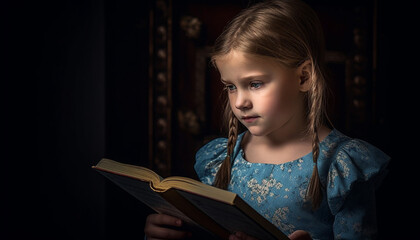Cute Caucasian girl reading Bible, concentrating on wisdom and spirituality generated by AI