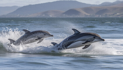 Playful dolphins jumping and splashing in the blue sea water generated by AI