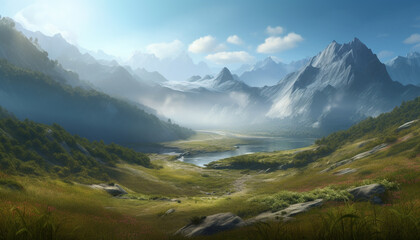 Fototapeta premium Majestic mountain range, tranquil meadow, and panoramic rural scene generated by AI