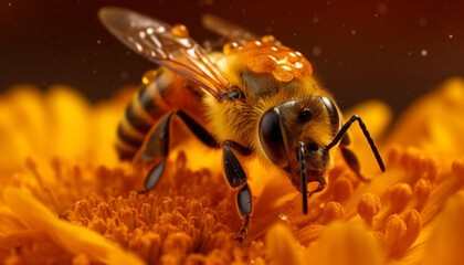 Naklejka premium Busy honey bee working on a single flower in nature generated by AI