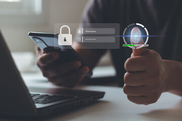 Cyber ​​security and data protection. Businessman thumbs up with virtual fingerprint to scan biometric identity and access password thru fingerprints for technology security system.