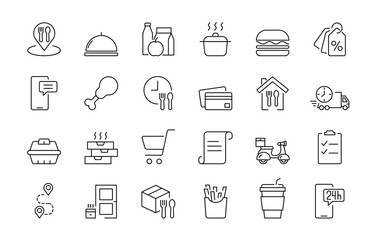 Set of line icons Food delivery. food box, food packages, contactless delivery. Outline icon collection. Editable stroke. Vector illustration