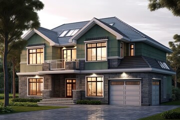 Innovative Styling and Natural Stone Elements Highlight Exclusive New Development House with Double Garage and Green Siding, generative AI