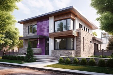 Fototapeta na wymiar Innovative Styling and Natural Stone Elements: Discover the Exclusive New Development Double Garage House with Stand-Out Purple Siding, generative AI