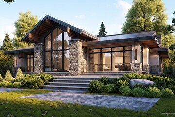Fototapeta na wymiar Discover an Exclusive New Development House with Innovative Styling, Double Garage, and Natural Stone Elements complemented by Coral Siding, generative AI