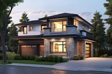 Fototapeta na wymiar Innovative Styling and Natural Stone Elements Charm Exclusive New House with Double Garage and Light Gray Siding, generative AI
