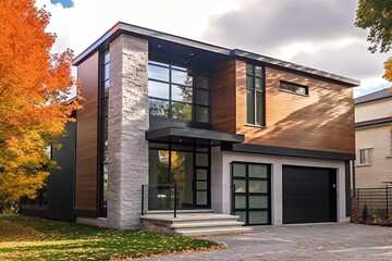 Innovative Styling Meets Natural Stone and Bronze Siding in a Double Garage Exclusive Development House, generative AI