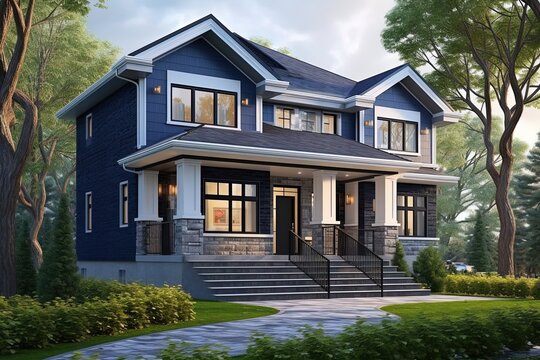 New Development House Boasting Innovative Styling, Double Garage, Navy Blue Siding, and Natural Stone Elements, generative AI