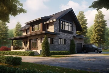 Innovative Styling and Natural Stone Elements Complement This Exclusive New Development House with Double Garage and Burgundy Siding, generative AI