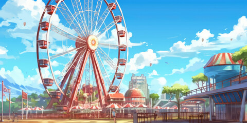 Theme park amusement park animation background with Ferris wheel anime style - obrazy, fototapety, plakaty