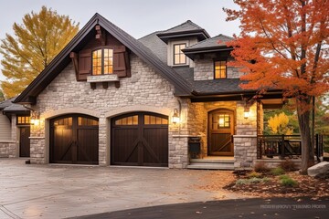 Exquisite New Construction Property with Sophisticated Design and Three-Car Garage Boasting Stunning Natural Stone Pillars and Beige Siding, generative AI