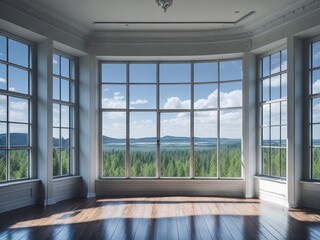 Fototapeta na wymiar Empty room with huge windows and beautiful view. Generative AI