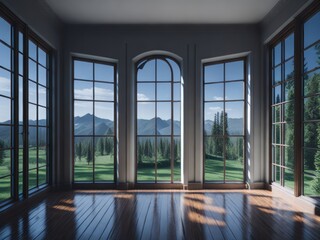 Empty room with huge windows and beautiful view. Generative AI