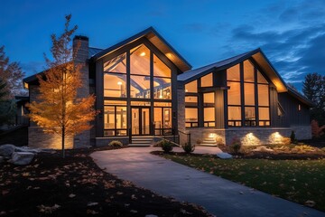 Sleek Architecture and Natural Stone Accents Shine in Extravagant Blue Residence with Three-Car Garage, generative AI