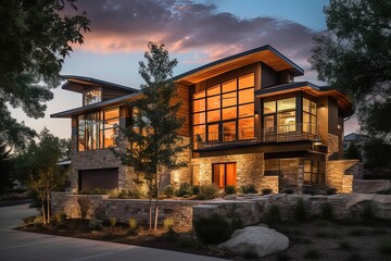 Orange-sided Extravagant Residence Boasts Sleek Architecture, Natural Stone Accents, and 3-Car Garage, generative AI