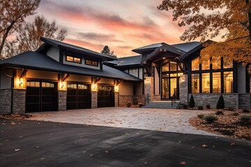Fototapeta premium Stylish and Spacious: A Newly Built Home With Sleek Architecture, a Three-Car Garage, Mint Green Siding, and Natural Stone Accents, generative AI