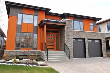 Modernist Style Grand Brand New House with Double Garage and Orange Siding, Featuring Natural Stone Embellishments, generative AI