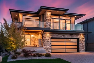 Modernist Style Double Garage Grand Brand New House with Beige Siding and Natural Stone Embellishments, generative AI