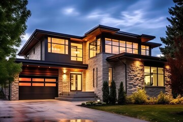 Modernist Style Grand New House: Double Garage, Bronze Siding & Natural Stone Embellishments, generative AI